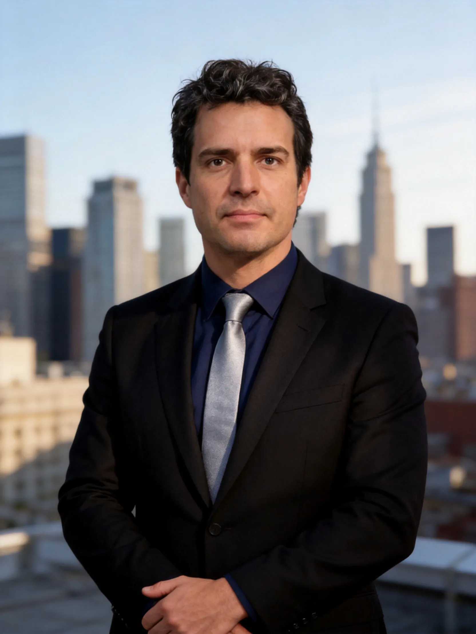Modern Dark Suit Outdoor (City Skyline) AI Photo