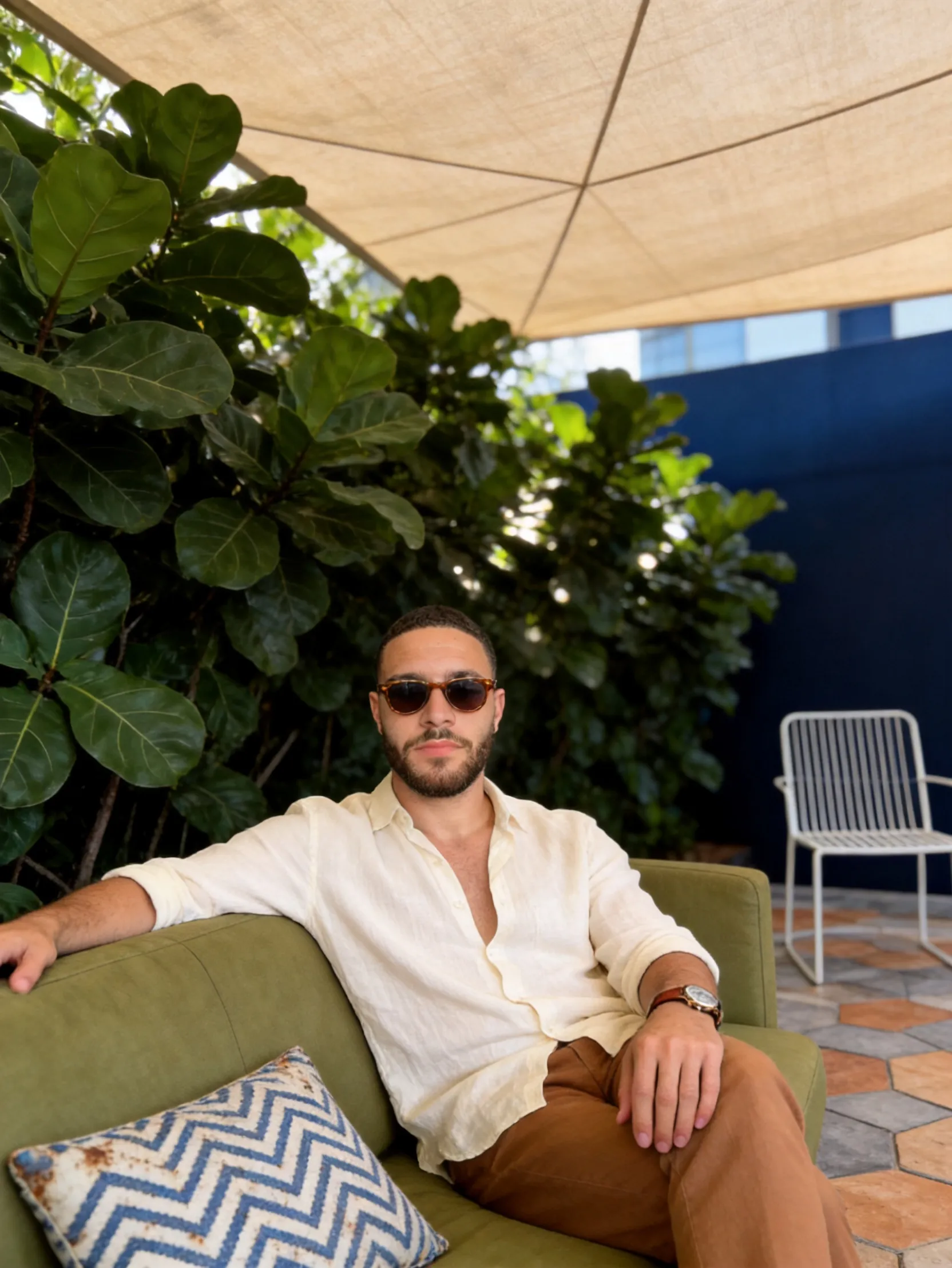High end outdoor lounge, bathed in sunlight, portrait photo AI Photo