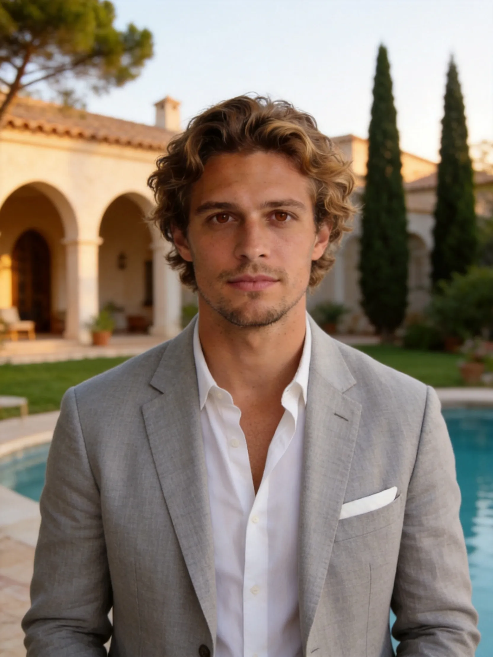 Real Estate Agent Business Portrait Avatar at Mediterranean Villa Exterior AI Photo